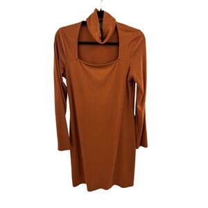 Dual Nature Womens Rust Brown Ribbed Cutout Turtleneck Mini Dress L MCGD3428
